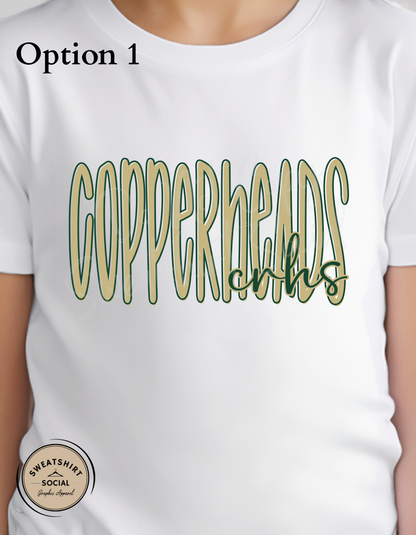Copperheads Lettered Look Tee – Option 1 Tan/Green or Option 2 Green/Gold (Youth Sizes)