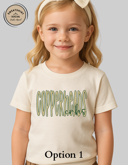 Copperheads Lettered Look Tee – Option 1 Tan/Green or Option 2 Green/Gold (Youth Sizes)