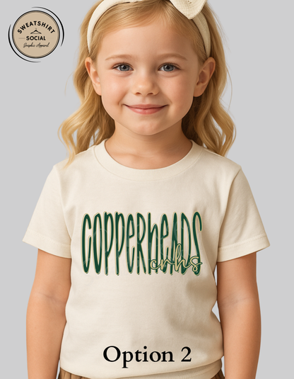 Copperheads Lettered Look Tee – Option 1 Tan/Green or Option 2 Green/Gold (Youth Sizes)