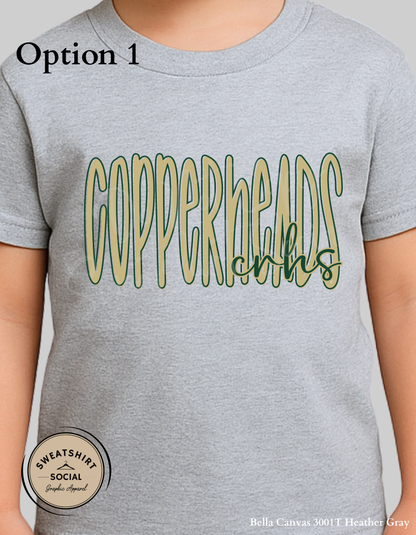 Copperheads Lettered Look Tee – Option 1 Tan/Green or Option 2 Green/Gold (Youth Sizes)