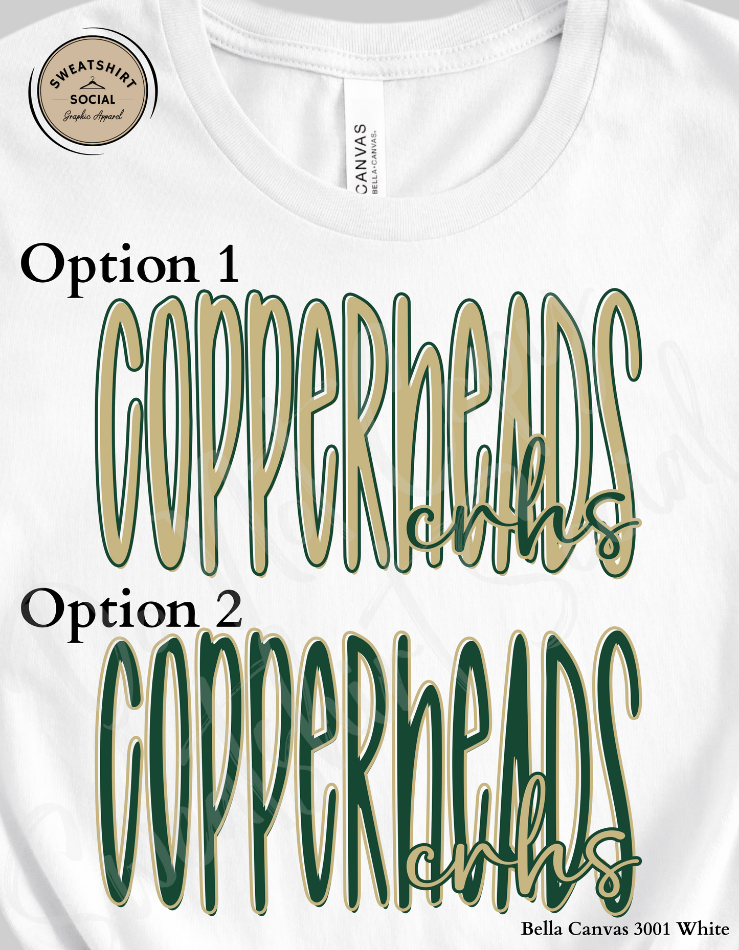 Copperheads Lettered Look Tee or Sweatshirt – Option 1 Tan/Green or Option 2 Green/Gold (Adult Sizes)