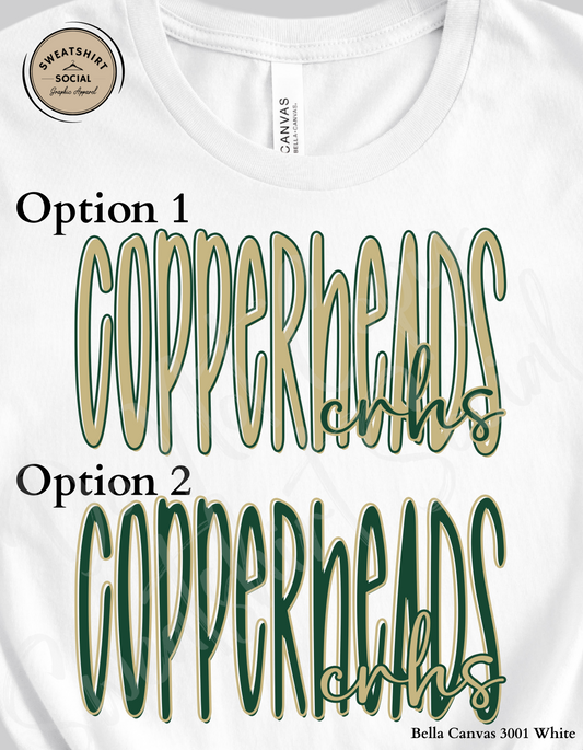 Copperheads Lettered Look Tee or Sweatshirt – Option 1 Tan/Green or Option 2 Green/Gold (Adult Sizes)