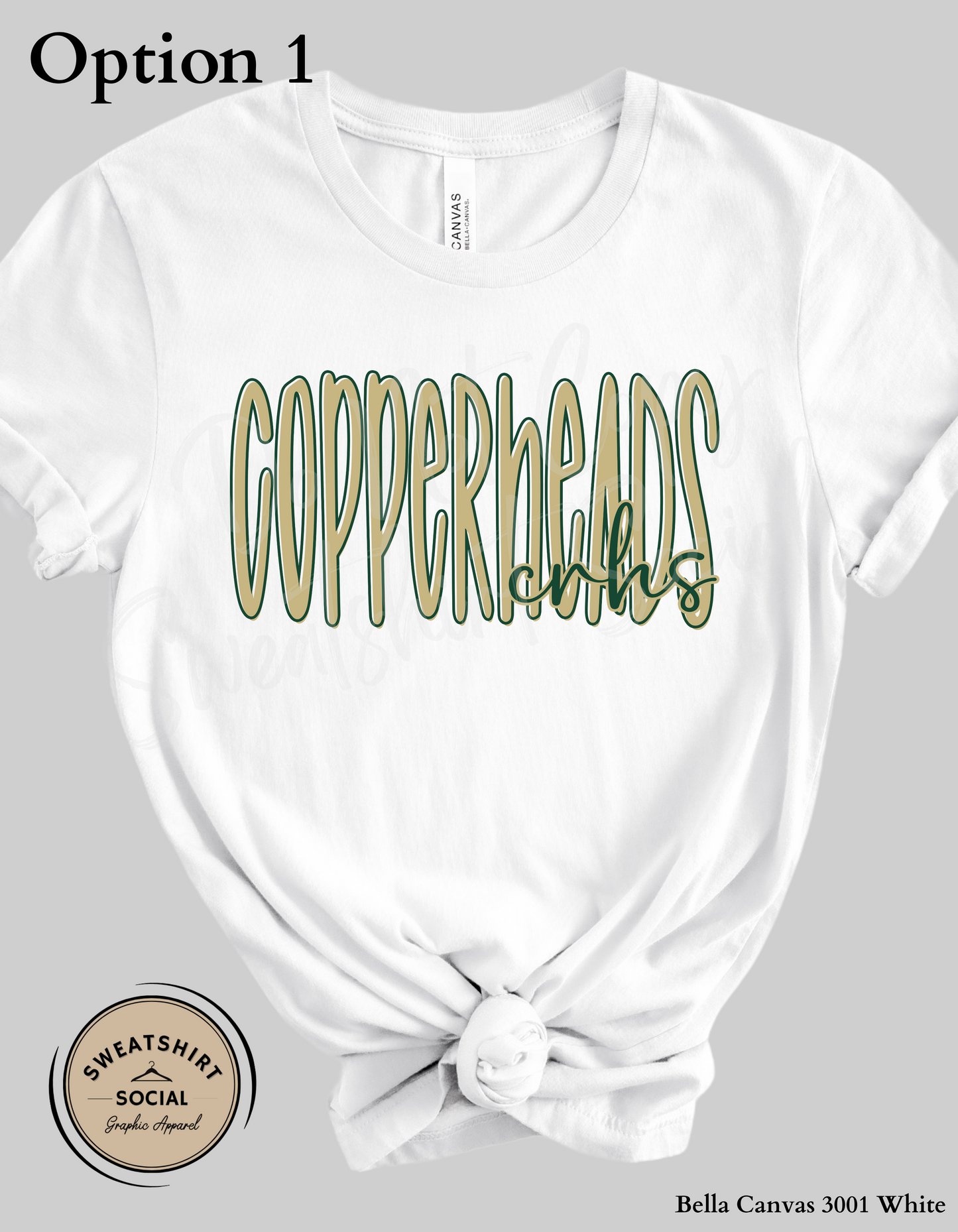Copperheads Lettered Look Tee or Sweatshirt – Option 1 Tan/Green or Option 2 Green/Gold (Adult Sizes)
