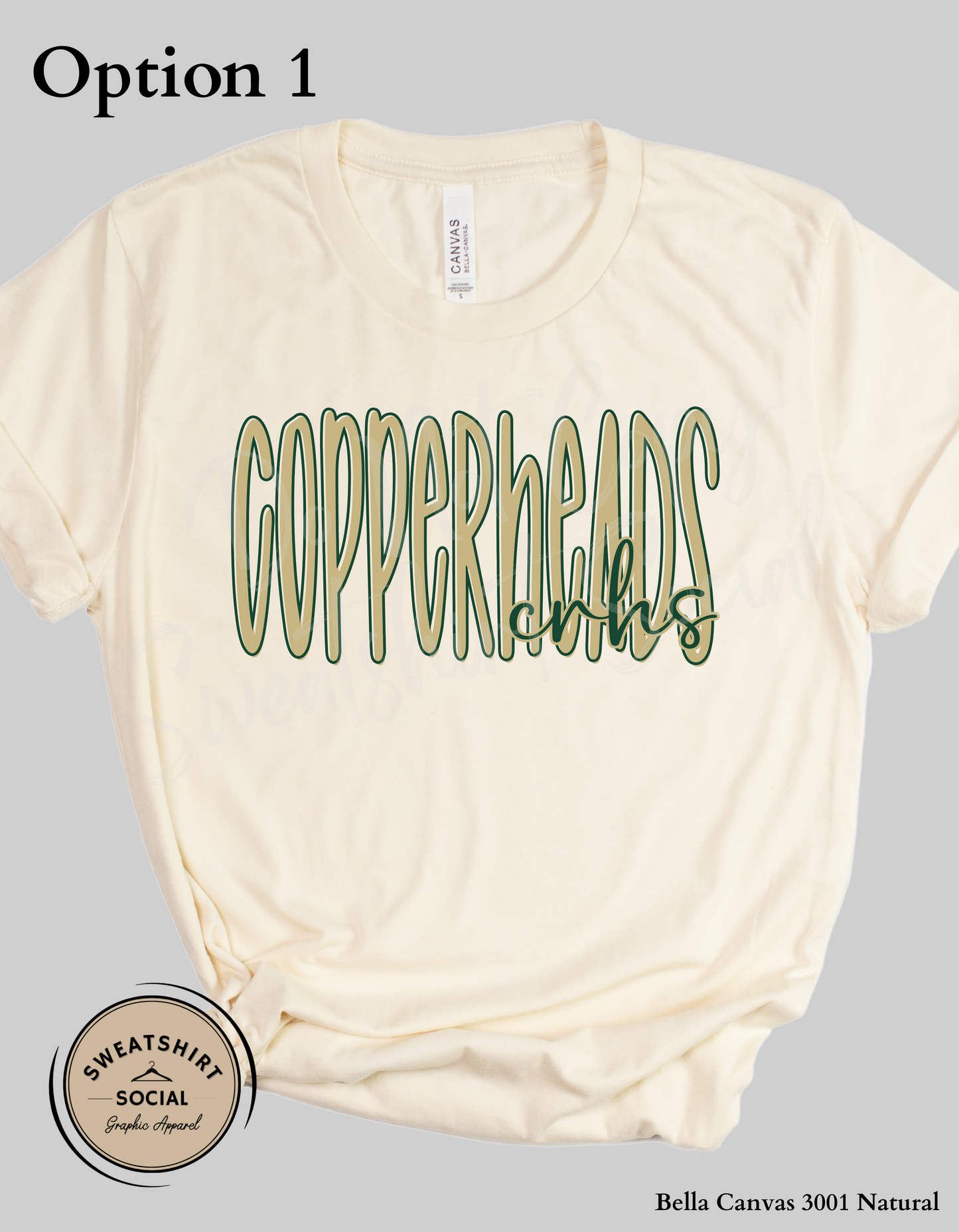 Copperheads Lettered Look Tee or Sweatshirt – Option 1 Tan/Green or Option 2 Green/Gold (Adult Sizes)