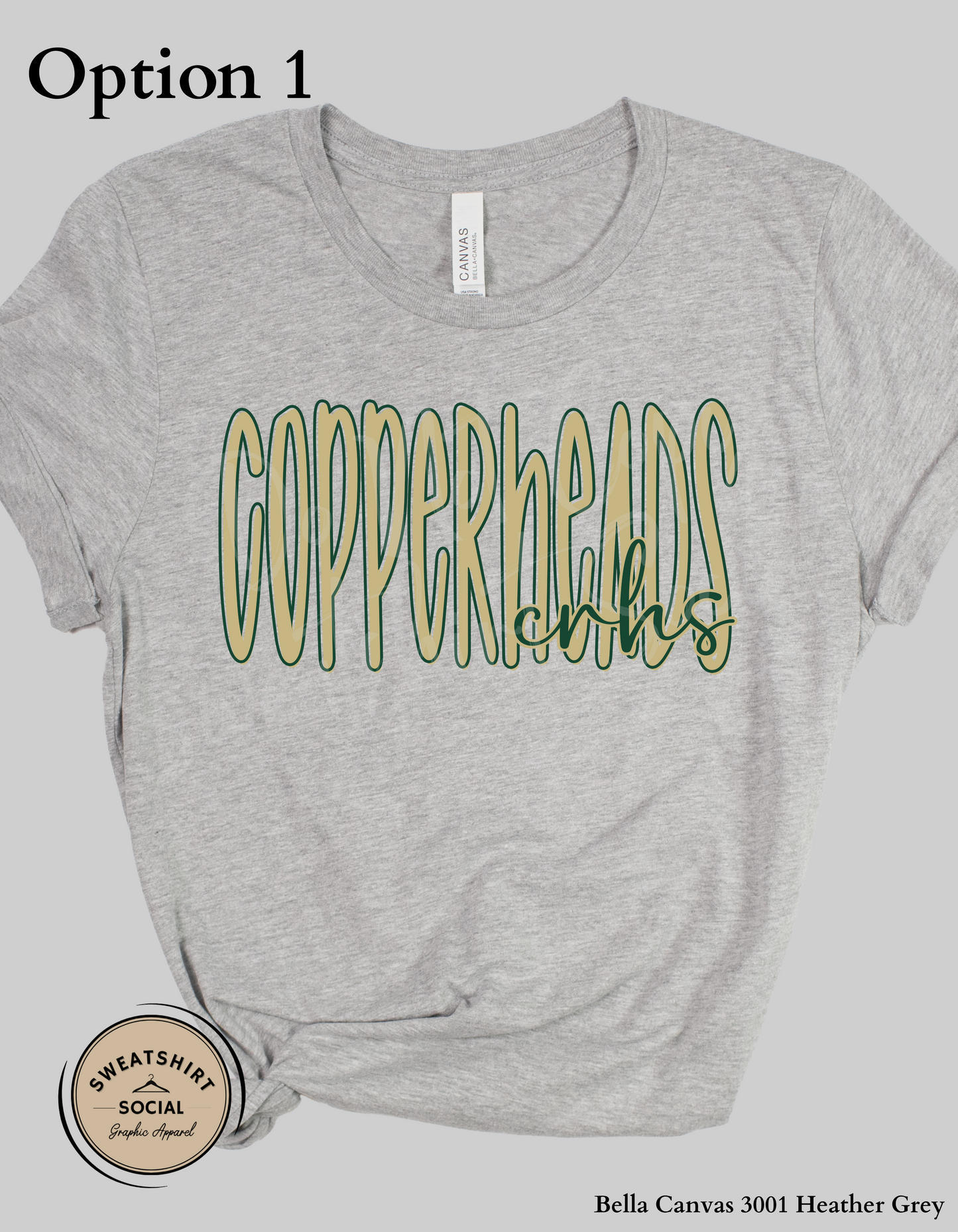 Copperheads Lettered Look Tee or Sweatshirt – Option 1 Tan/Green or Option 2 Green/Gold (Adult Sizes)