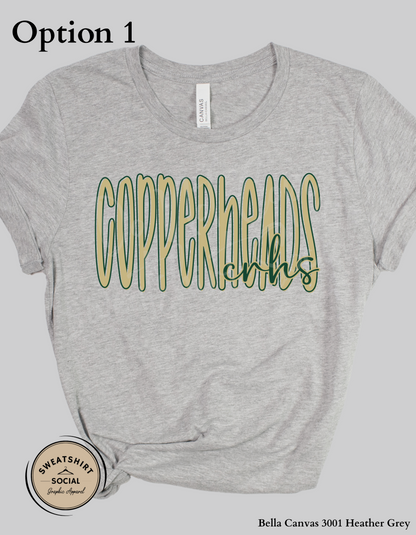 Copperheads Lettered Look Tee or Sweatshirt – Option 1 Tan/Green or Option 2 Green/Gold (Adult Sizes)