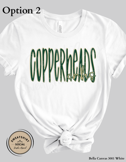 Copperheads Lettered Look Tee or Sweatshirt – Option 1 Tan/Green or Option 2 Green/Gold (Adult Sizes)