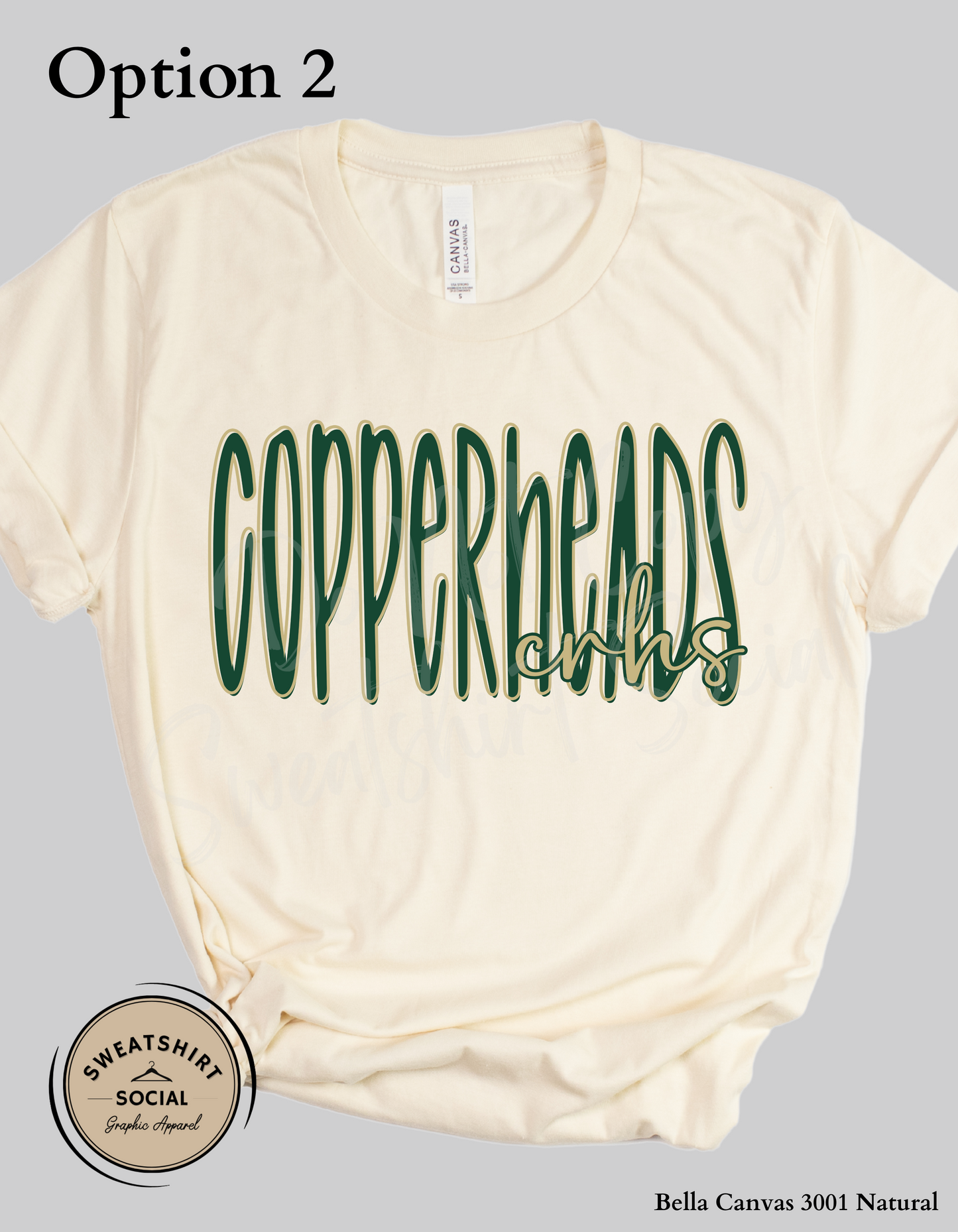 Copperheads Lettered Look Tee or Sweatshirt – Option 1 Tan/Green or Option 2 Green/Gold (Adult Sizes)