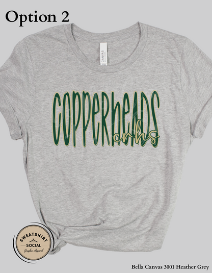 Copperheads Lettered Look Tee or Sweatshirt – Option 1 Tan/Green or Option 2 Green/Gold (Adult Sizes)