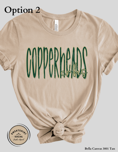 Copperheads Lettered Look Tee or Sweatshirt – Option 1 Tan/Green or Option 2 Green/Gold (Adult Sizes)