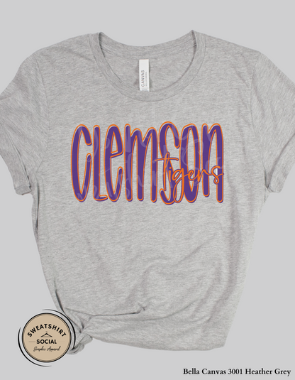 Clemson Tigers Lettered Look Tee or Sweatshirt – Purple & Orange (Adult Sizes)