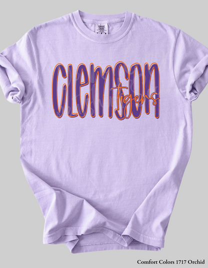 Clemson Tigers Lettered Look Tee or Sweatshirt – Purple & Orange (Adult Sizes)