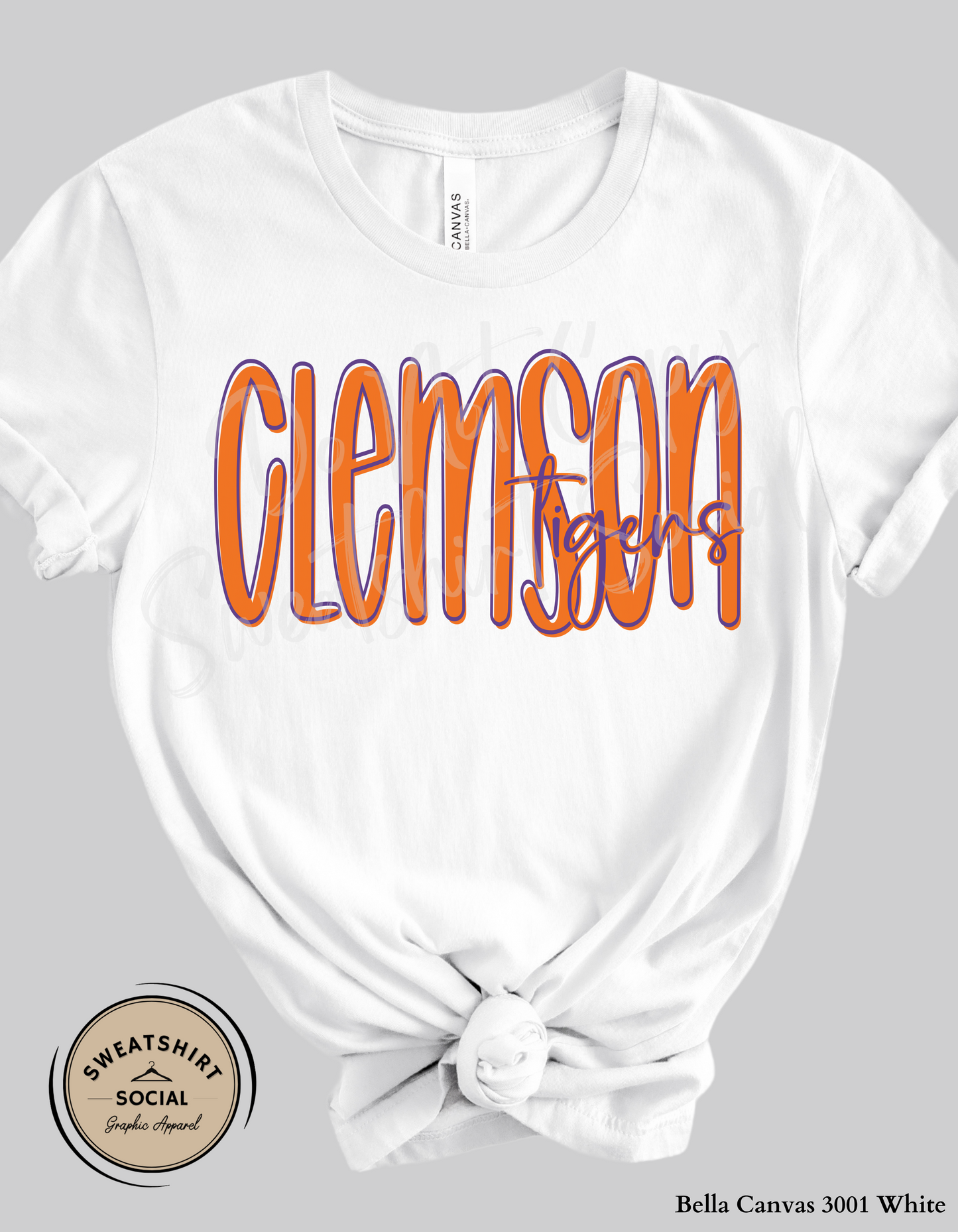 Clemson Tigers Lettered Look Tee or Sweatshirt – Orange & Purple (Adult Sizes)