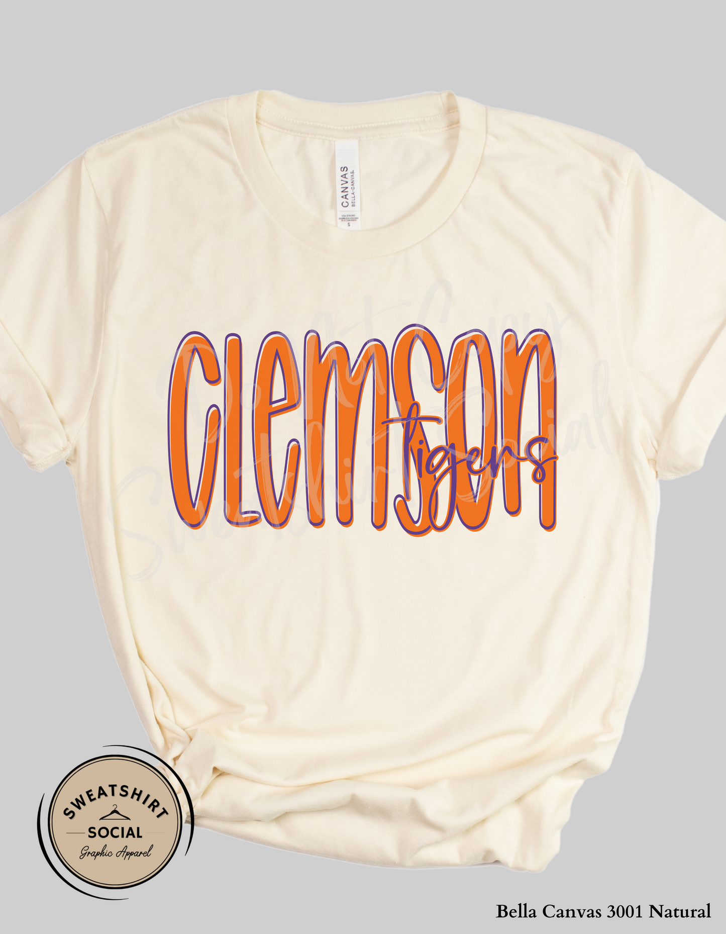 Clemson Tigers Lettered Look Tee or Sweatshirt – Orange & Purple (Adult Sizes)