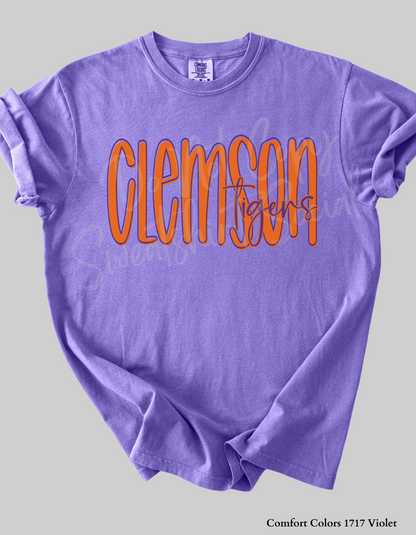 Clemson Tigers Lettered Look Tee or Sweatshirt – Orange & Purple (Adult Sizes)