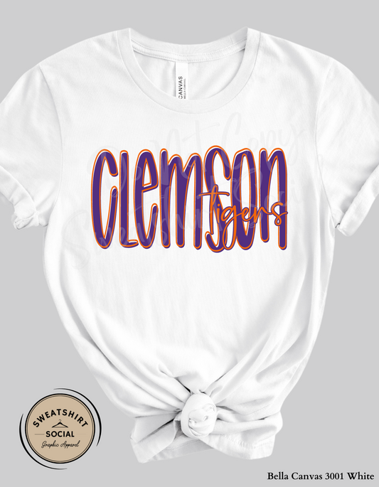 Clemson Tigers Lettered Look Tee or Sweatshirt – Purple & Orange (Adult Sizes)