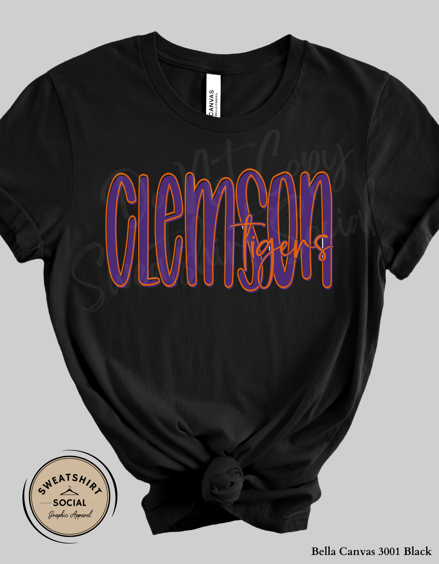 Clemson Tigers Lettered Look Tee or Sweatshirt – Purple & Orange (Adult Sizes)