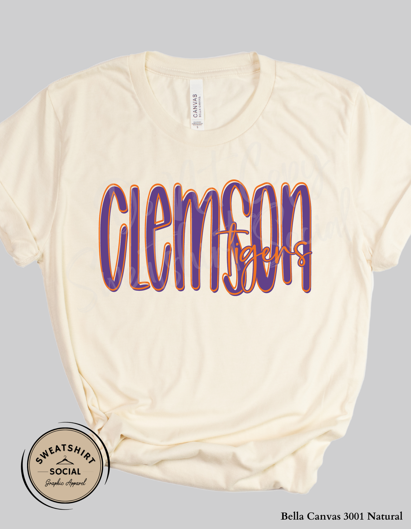 Clemson Tigers Lettered Look Tee or Sweatshirt – Purple & Orange (Adult Sizes)