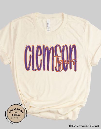 Clemson Tigers Lettered Look Tee or Sweatshirt – Purple & Orange (Adult Sizes)