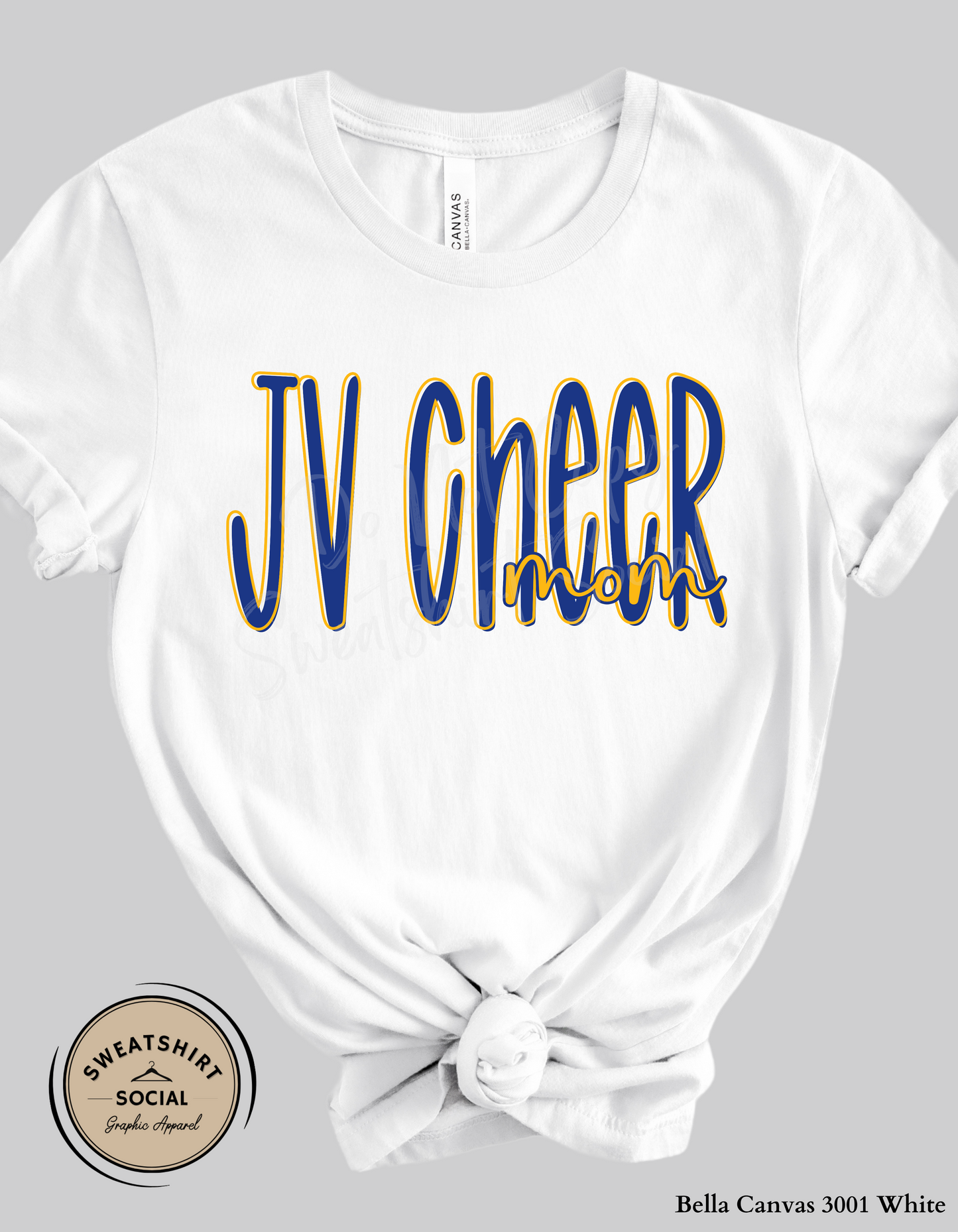 JV Cheer Mom Lettered Look Tee or Sweatshirt – Blue & Yellow (Adult Sizes)