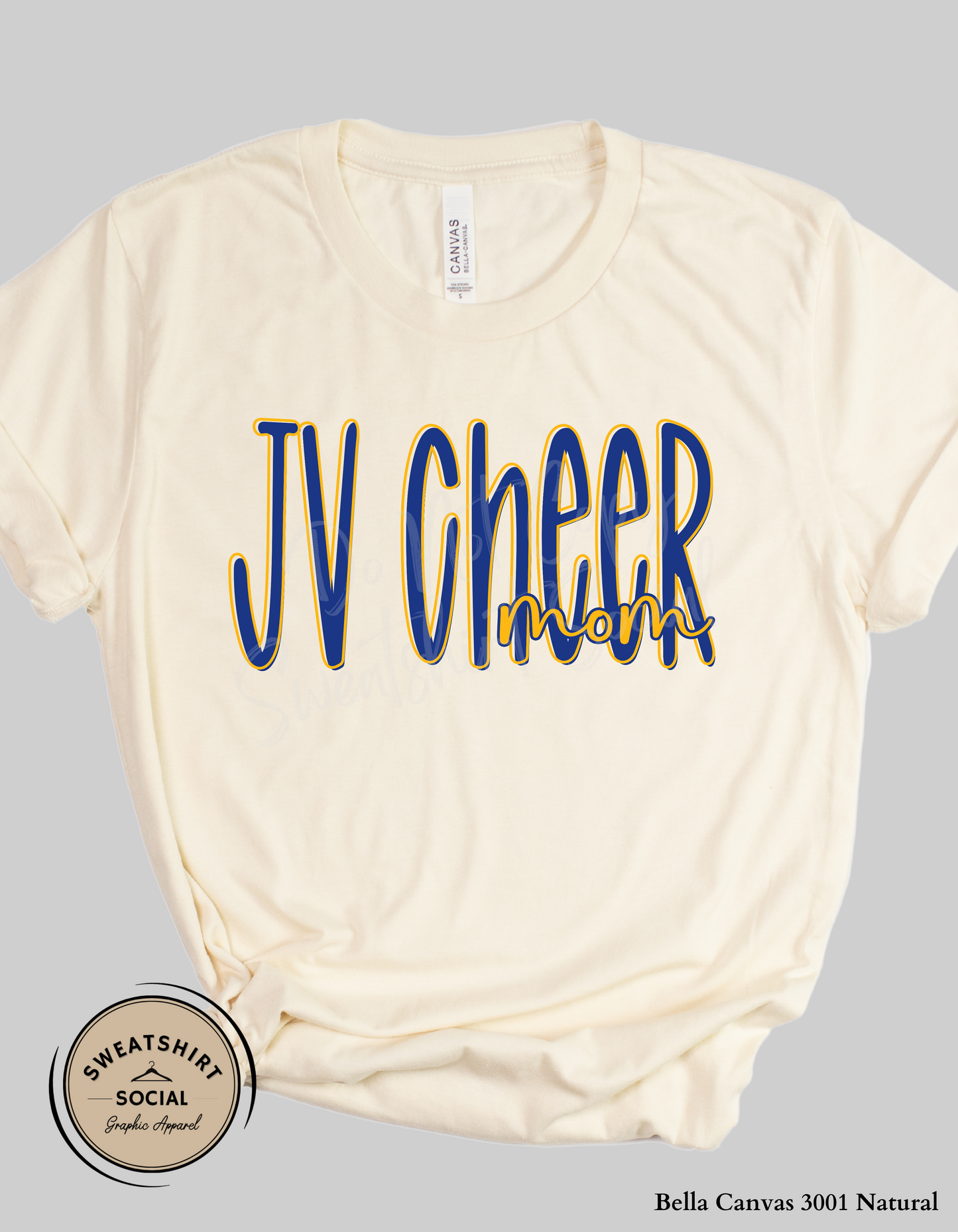 JV Cheer Mom Lettered Look Tee or Sweatshirt – Blue & Yellow (Adult Sizes)