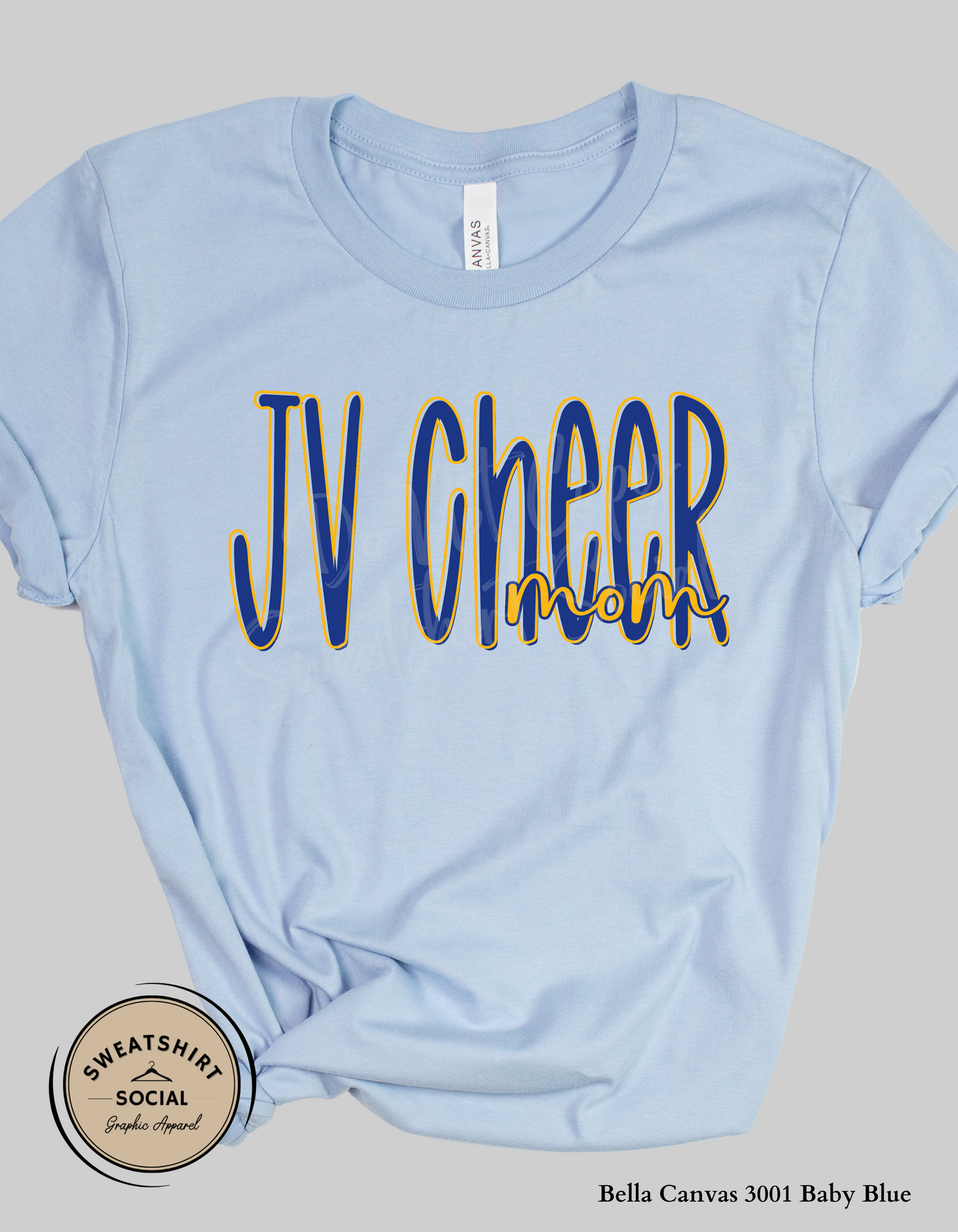 JV Cheer Mom Lettered Look Tee or Sweatshirt – Blue & Yellow (Adult Sizes)