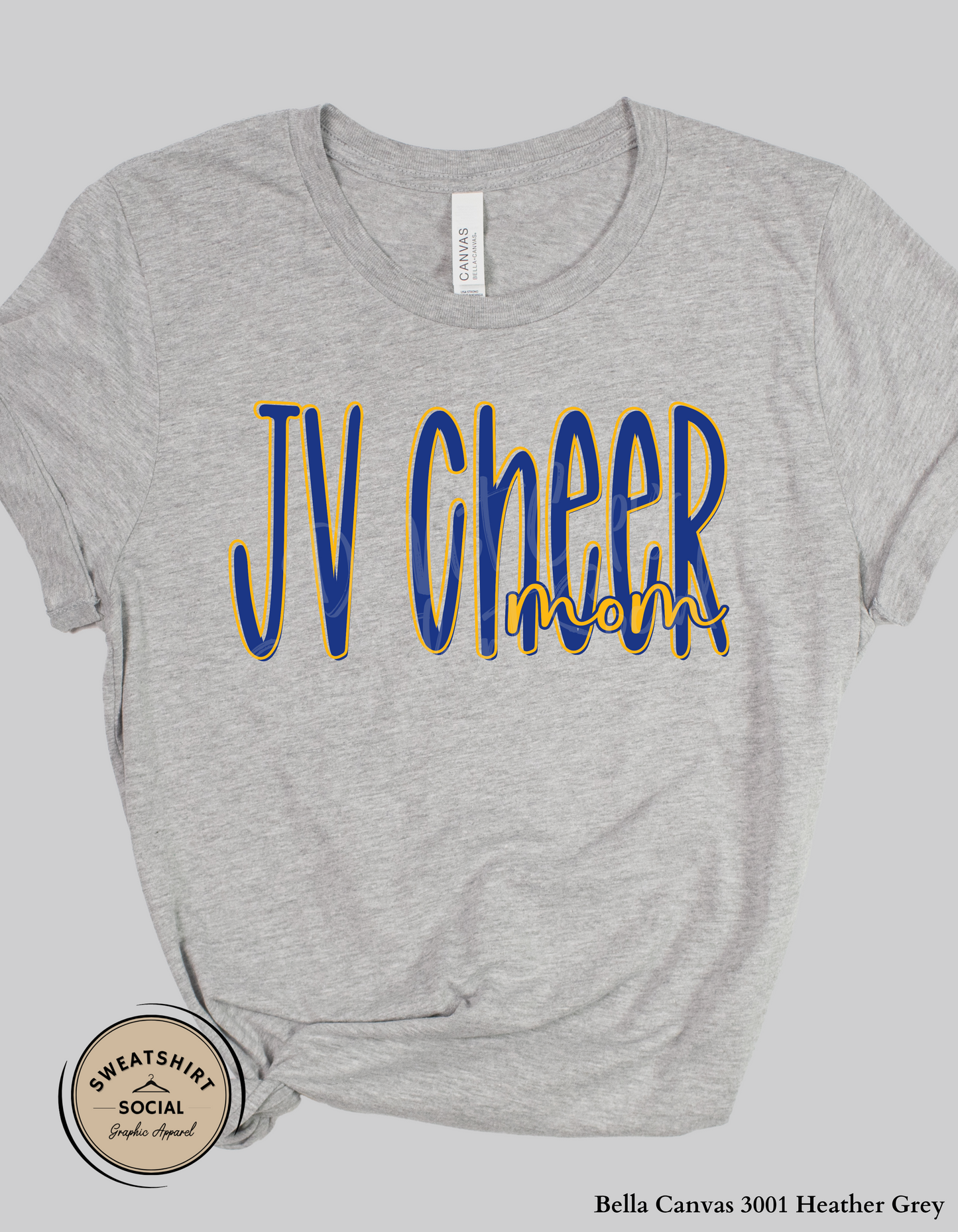 JV Cheer Mom Lettered Look Tee or Sweatshirt – Blue & Yellow (Adult Sizes)