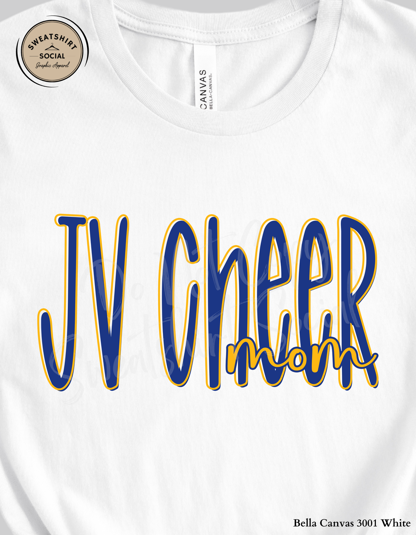 JV Cheer Mom Lettered Look Tee or Sweatshirt – Blue & Yellow (Adult Sizes)