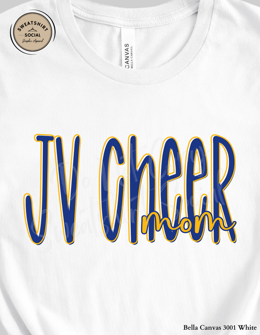 JV Cheer Mom Lettered Look Tee or Sweatshirt – Blue & Yellow (Adult Sizes)