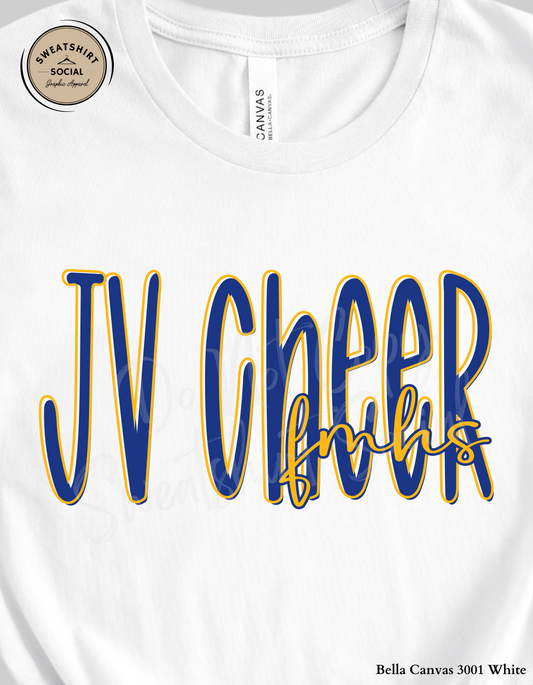 JV Cheer Fort Mill High School Lettered Look Tee or Sweatshirt – Blue & Yellow (Adult Sizes)