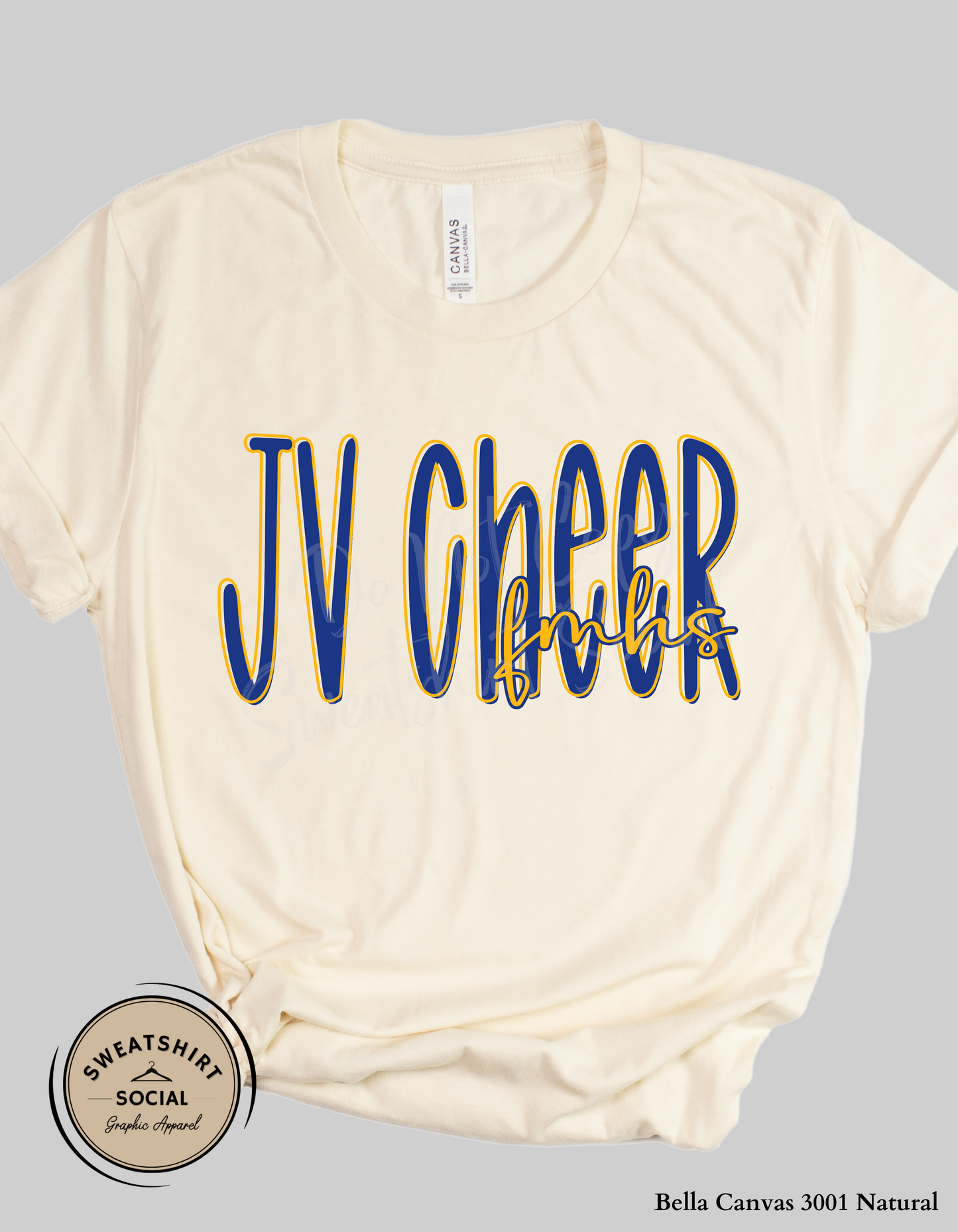 JV Cheer Fort Mill High School Lettered Look Tee or Sweatshirt – Blue & Yellow (Adult Sizes)