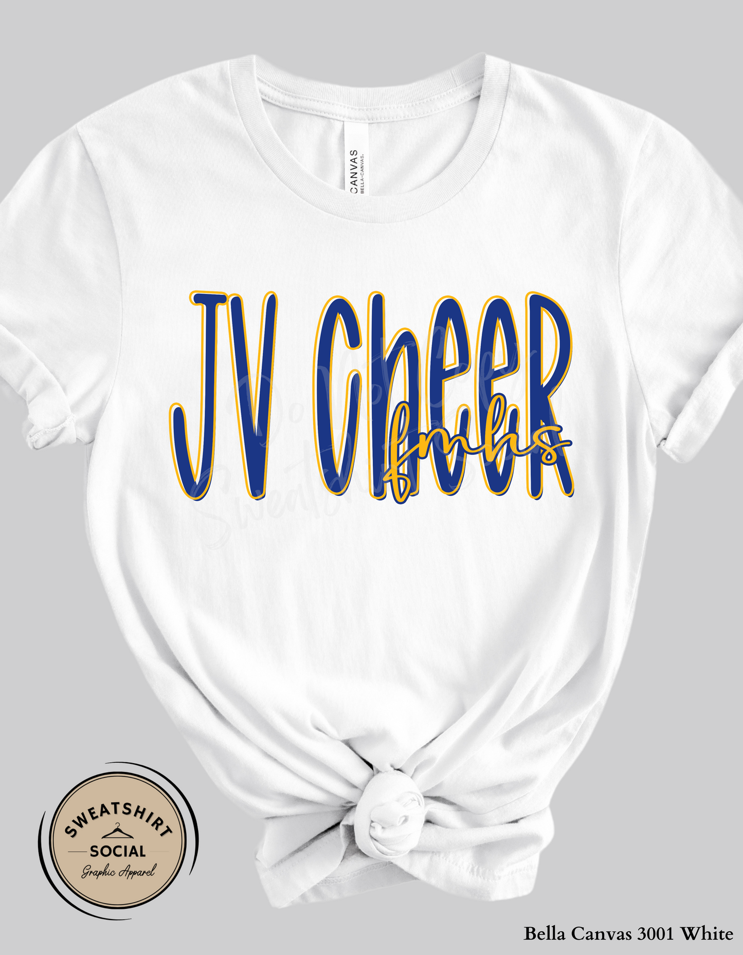 JV Cheer Fort Mill High School Lettered Look Tee or Sweatshirt – Blue & Yellow (Adult Sizes)