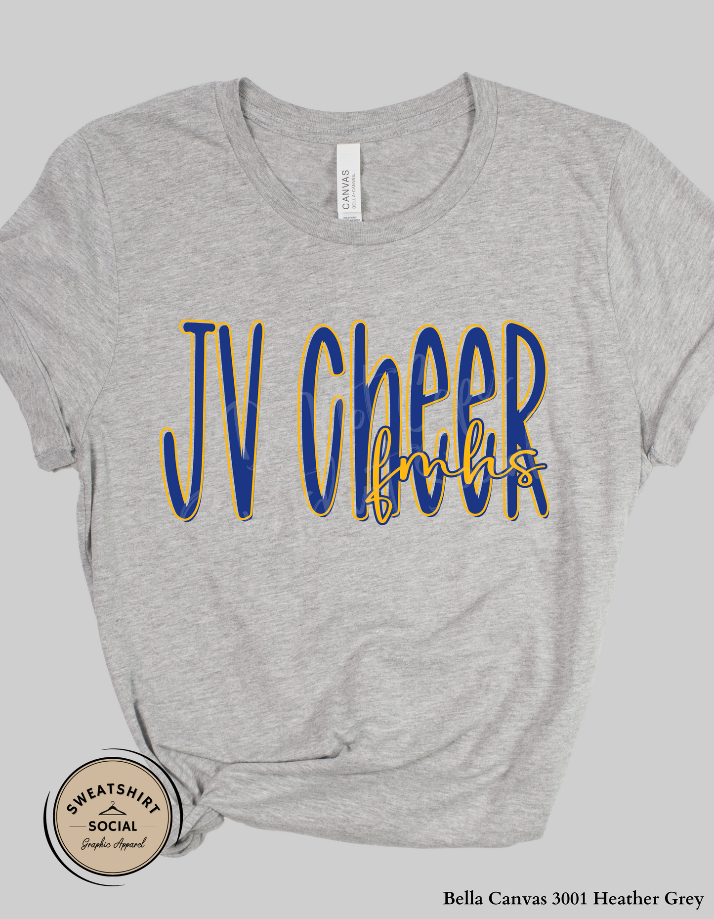 JV Cheer Fort Mill High School Lettered Look Tee or Sweatshirt – Blue & Yellow (Adult Sizes)