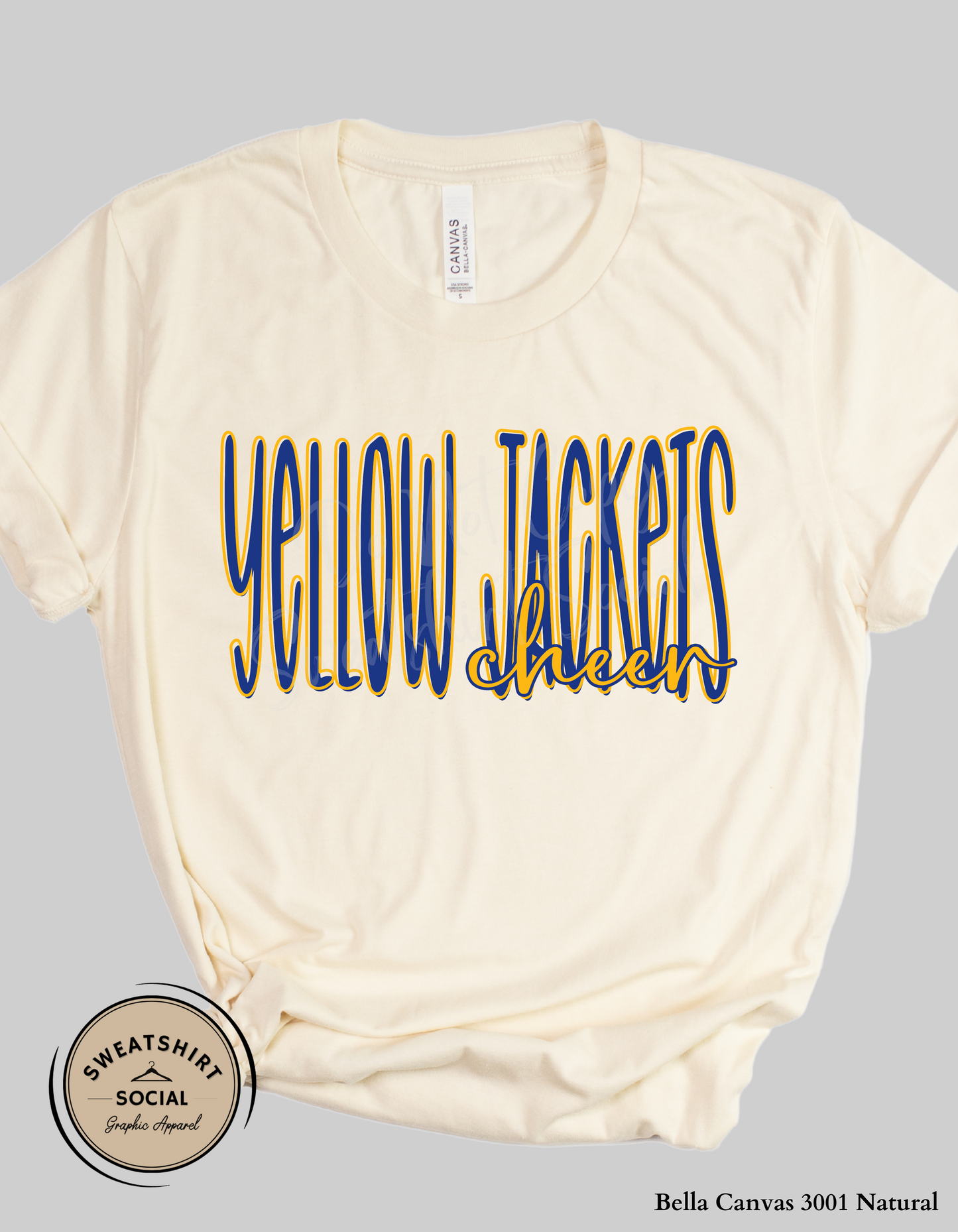 Yellow Jackets Cheer Lettered Look Tee or Sweatshirt – Blue & Gold (Adult Sizes)