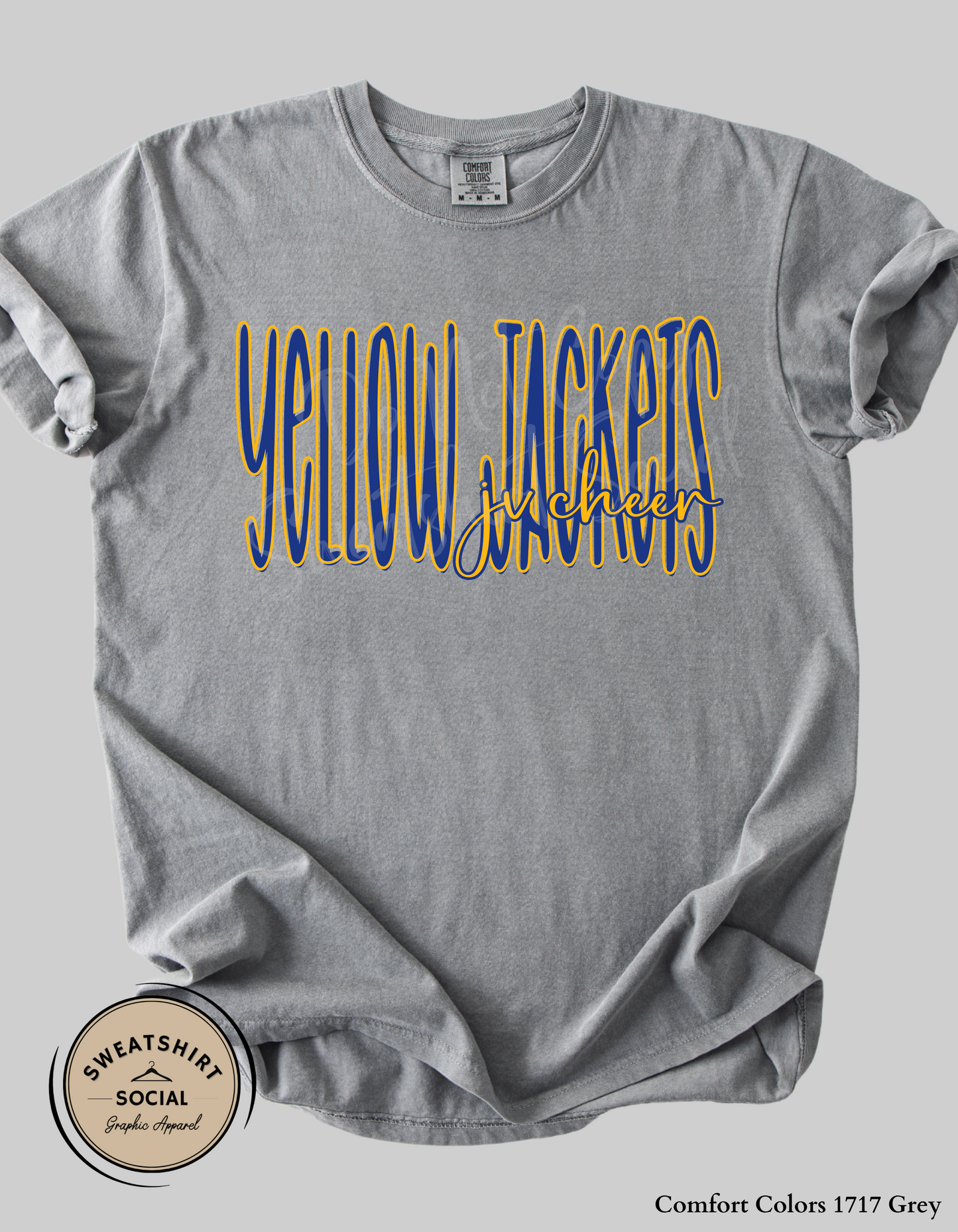 Yellow Jackets JV Cheer Lettered Look Tee or Sweatshirt – Blue & Yellow (Adult Sizes)