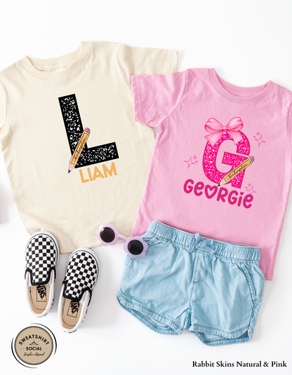 Custom Initial Pencil Kids Shirt – Personalized Back to School Name Tee with Grade, Color & Letter Options
