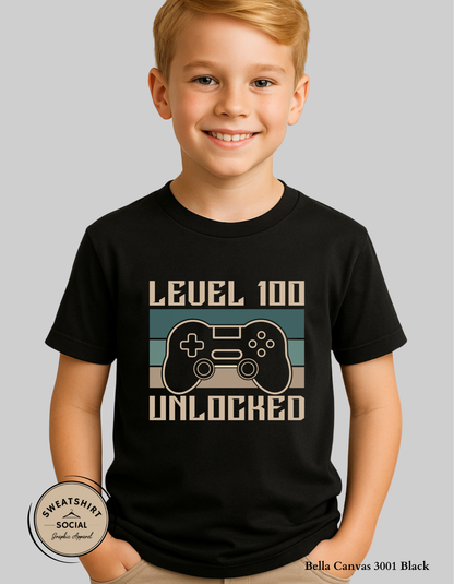 Level 100 Unlocked Shirt for Kids – 100th Day of School Gamer Design (Toddler–Youth Sizes)