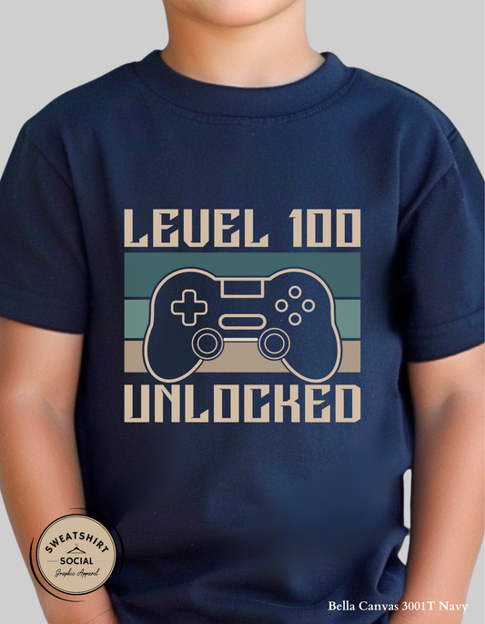 Level 100 Unlocked Shirt for Kids – 100th Day of School Gamer Design (Toddler–Youth Sizes)