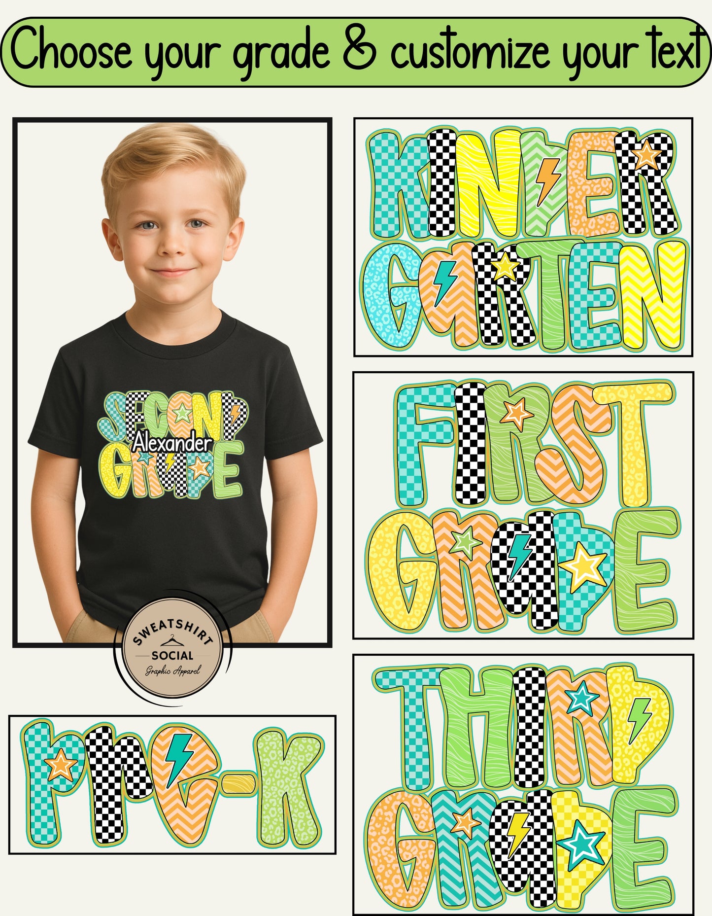 Neon Green Checkerboard Grade Shirt for Kids – Custom Name Back to School Tee (Pre-K to 3rd Grade)