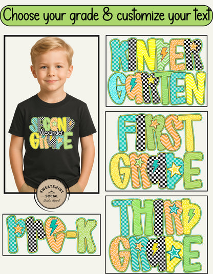 Neon Green Checkerboard Grade Shirt for Kids – Custom Name Back to School Tee (Pre-K to 3rd Grade)