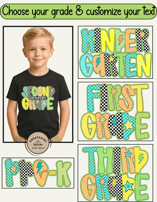 Neon Green Checkerboard Grade Shirt for Kids – Custom Name Back to School Tee (Pre-K to 3rd Grade)