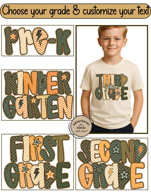Neutral Checkerboard Grade Shirt for Kids – Personalized Back to School Tee (Pre-K to 3rd Grade)
