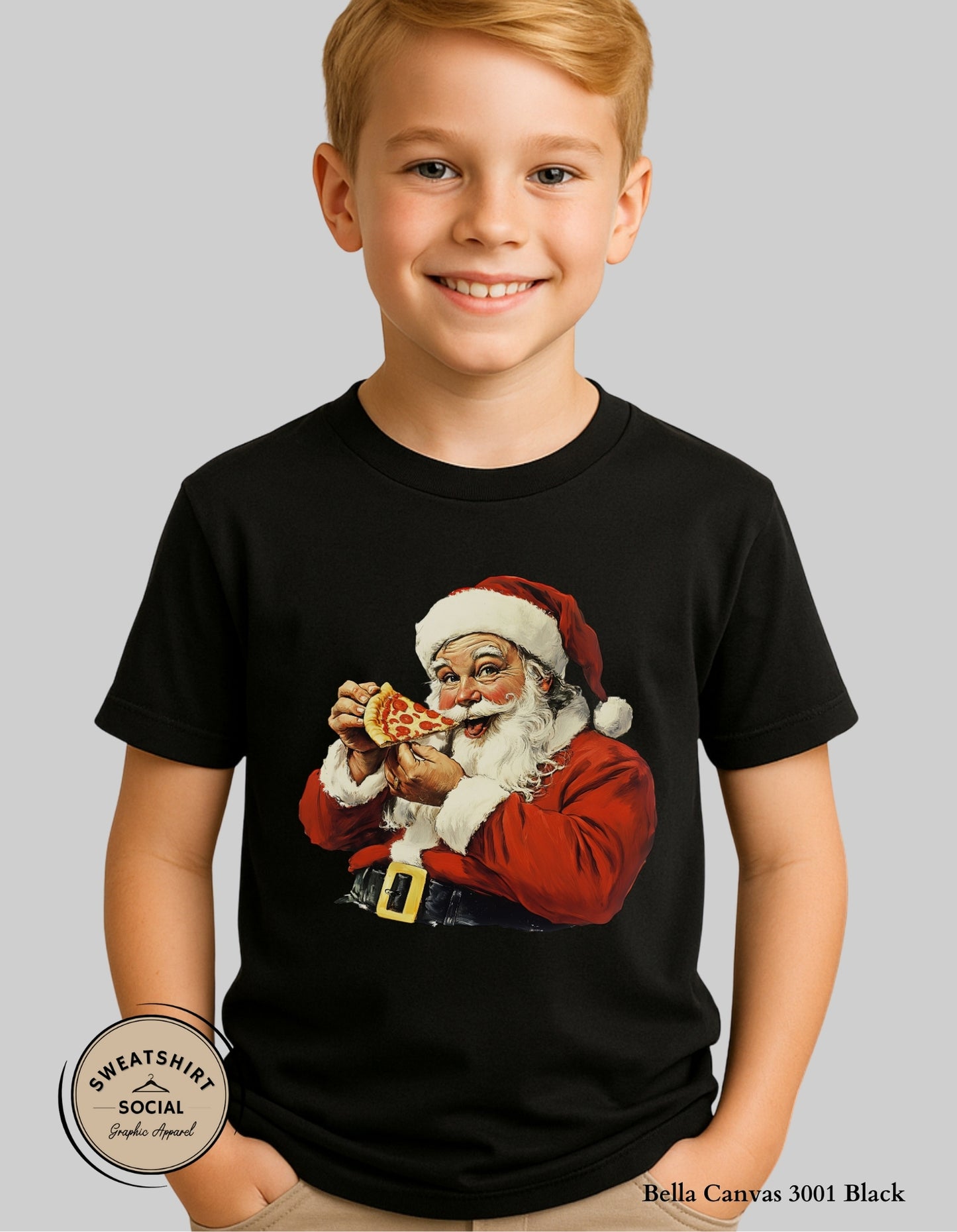 Kids Pizza Santa Christmas T-Shirt or Sweatshirt – Fun Holiday Crewneck (Infant–Youth Sizes)