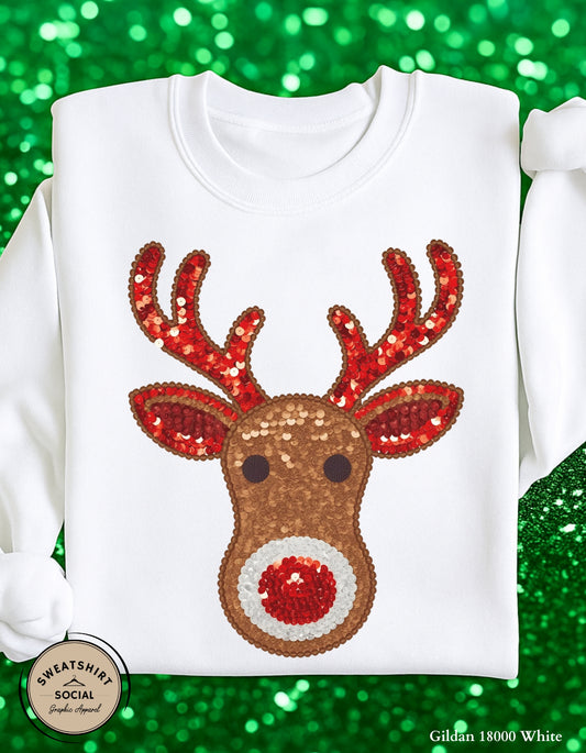 Faux Sequin Reindeer Christmas Sweatshirt – Festive Holiday Crewneck (Adult Sizes S–2XL)