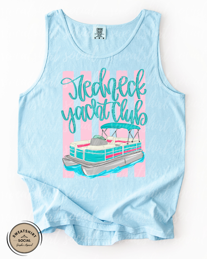 Redneck Yacht Club Tank or Shirt – Funny Lake Life Graphic Tee, Pontoon Boat Summer Shirt (Adult Sizes S–2XL)