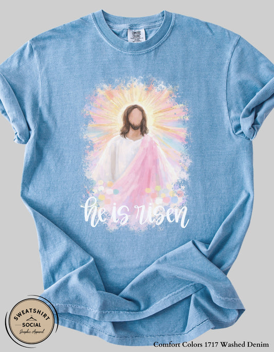 He Is Risen Easter Shirt or Sweatshirt – Faith-Based Christian Graphic Tee with Soft Pastel Design (Adult Sizes S–2XL)