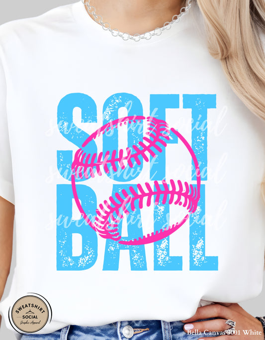 Softball Pink Stitch Graphic Shirt or Sweatshirt – Bright Blue Game Day Softball Tee (Adult Sizes S–2XL)