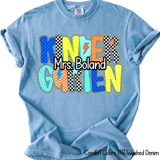 Custom Kindergarten Teacher Tee – Comfort Colors 1717 (Washed Denim)