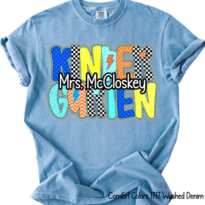 Custom Kindergarten Teacher Tee – Comfort Colors 1717 (Washed Denim)