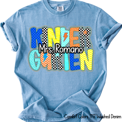 Custom Kindergarten Teacher Tee – Comfort Colors 1717 (Washed Denim)